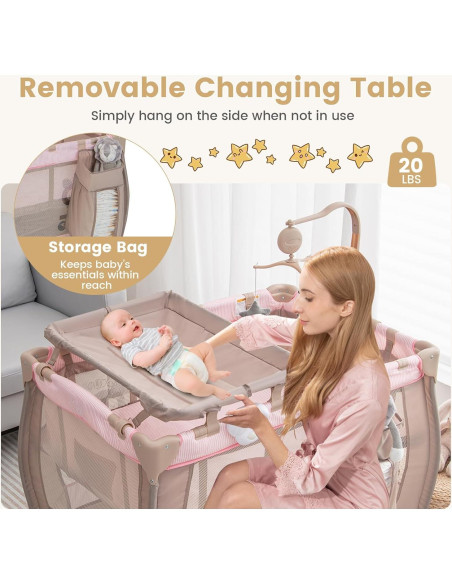 Cuna de Viaje 3 en 1 Costzon Rosa Plegable con Cambiador