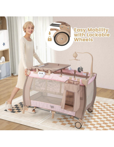 Cuna de Viaje 3 en 1 Costzon Rosa Plegable con Cambiador