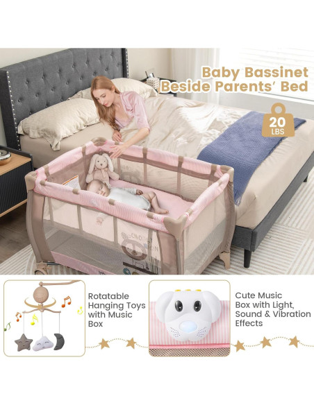 Cuna de Viaje 3 en 1 Costzon Rosa Plegable con Cambiador