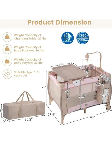 Cuna de Viaje 3 en 1 Costzon Rosa Plegable con Cambiador