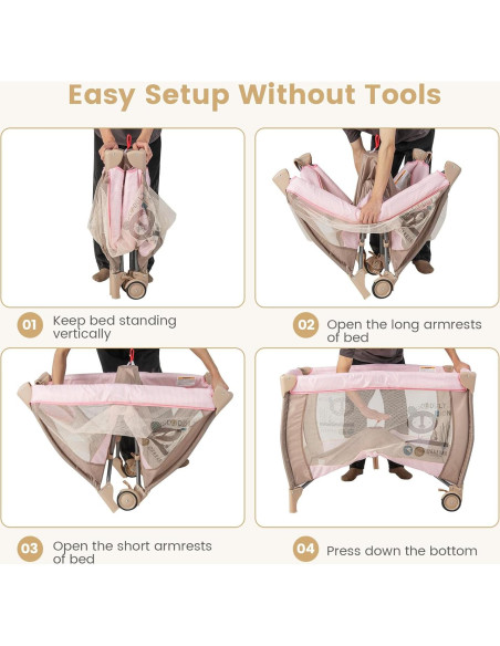 Cuna de Viaje 3 en 1 Costzon Rosa Plegable con Cambiador