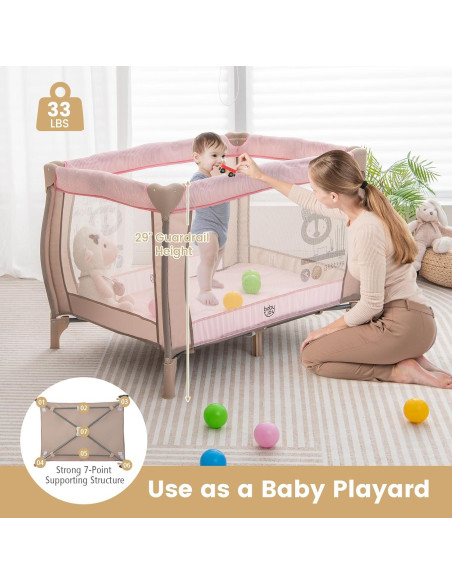 Cuna de Viaje 3 en 1 Costzon Rosa Plegable con Cambiador