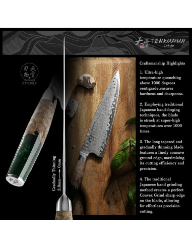 Cuchillo Gyutou Tenkumun 20.32 cm Acero Damasco VG-10 Hecho a Mano
