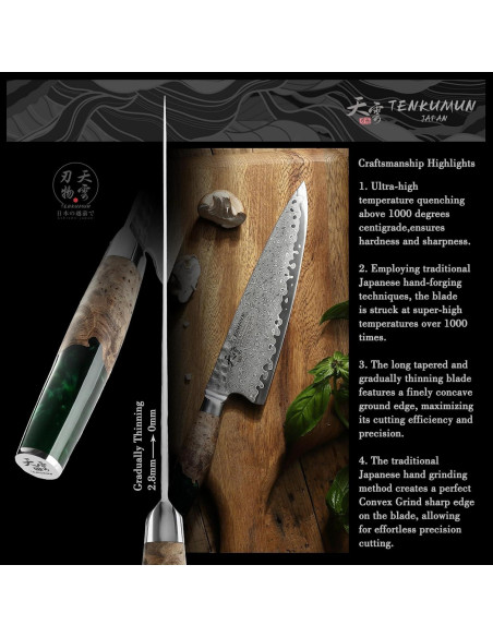 Cuchillo Gyutou Tenkumun 20.32 cm Acero Damasco VG-10 Hecho a Mano