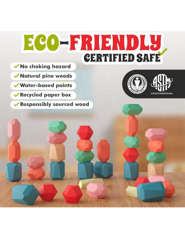 36 Rocas XL de Apilamiento de Madera EVERSMART - Juguetes Montessori