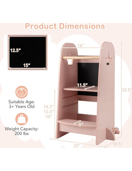 Taburete de Cocina para Niños HONEY JOY Rosa Ajustable 3 Niveles