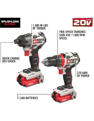 Kit Taladro y Destornillador Inalámbrico Porter Cable 20V