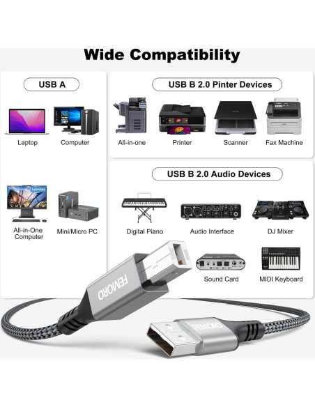 Cable de Impresora USB 1.83m FEMORO A a B 2.0 Alta Velocidad