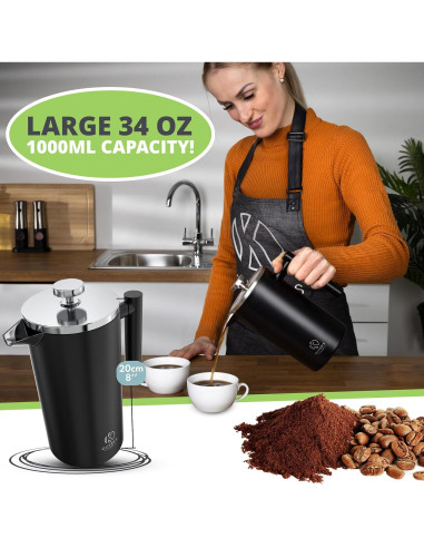 Cafetera Prensa Francesa Oliver's Kitchen 1L Doble Pared Negra