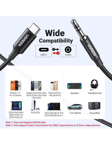 UGREEN Adaptador USB C a 3.5mm Audio Hi-Fi 1.0m Negro