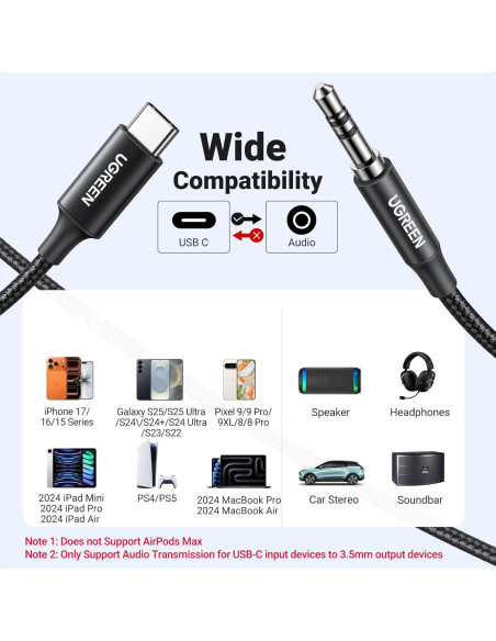 UGREEN Adaptador USB C a 3.5mm Audio Hi-Fi 1.0m Negro