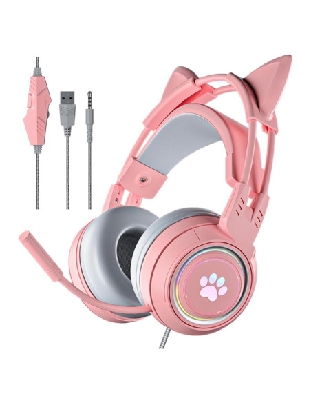 Auriculares de juego con orejas de gato Xmenha rosa 50mm