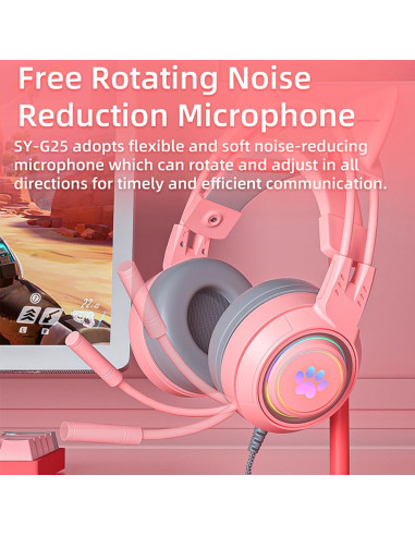 Auriculares de juego con orejas de gato Xmenha rosa 50mm