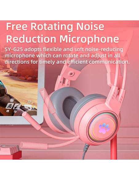 Auriculares de juego con orejas de gato Xmenha rosa 50mm