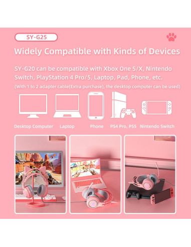 Auriculares de juego con orejas de gato Xmenha rosa 50mm