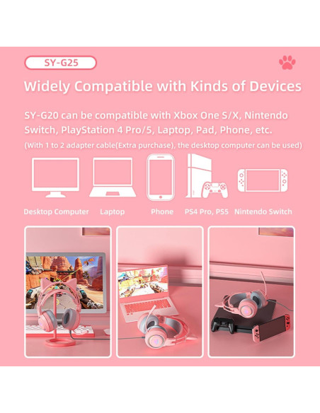 Auriculares de juego con orejas de gato Xmenha rosa 50mm