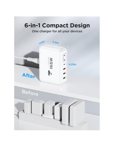 Cargador USB-C Aione 165W 6 Puertos Rápido PD 100W