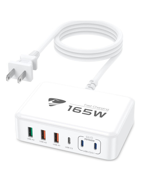 Cargador USB-C Aione 165W 6 Puertos Rápido PD 100W