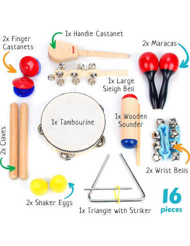 Conjunto de Instrumentos Musicales Boxiki Kids 16 PCS - Percusión Educativa para Niños 3+ Años