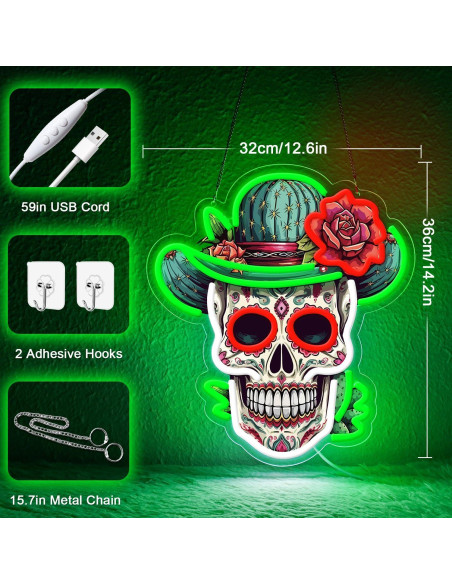 Luz de neón LED Calavera de Azúcar Verde Sneignon 36x32cm