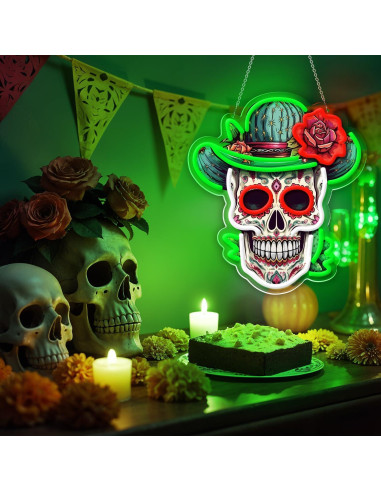 Luz de neón LED Calavera de Azúcar Verde Sneignon 36x32cm