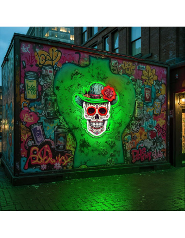 Luz de neón LED Calavera de Azúcar Verde Sneignon 36x32cm