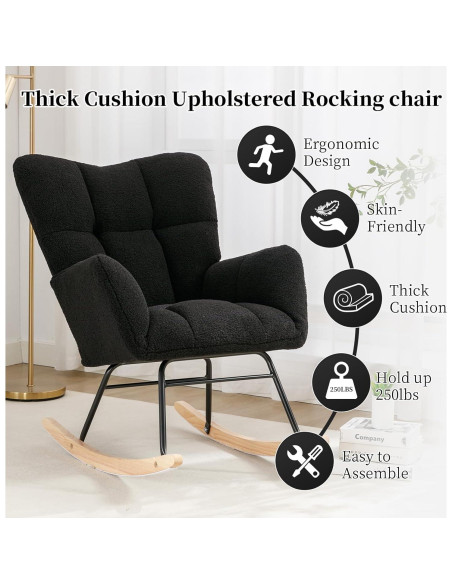 Silla Mecedora NIOIIKIT Tapizada en Peluche Negro para Nursery
