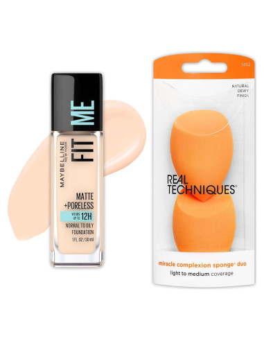 Base Líquida Maybelline Fit Me Mate + Sin Poros Marfil Claro y 2 Esponjas Real Techniques
