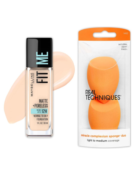 Base Líquida Maybelline Fit Me Mate + Sin Poros Marfil Claro y 2 Esponjas Real Techniques