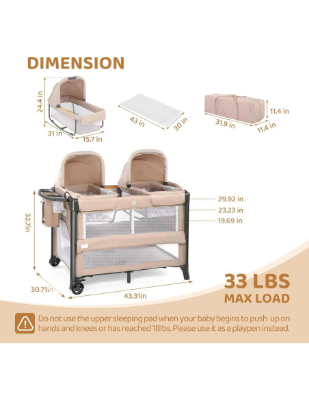 Cuna Gemela JOYMOR Beige Convertible Lateral y Parque