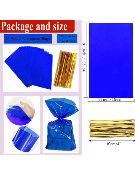 Bolsas de Celofán Azules prxififeq 100PC 15x23 cm con Cierres de Oro
