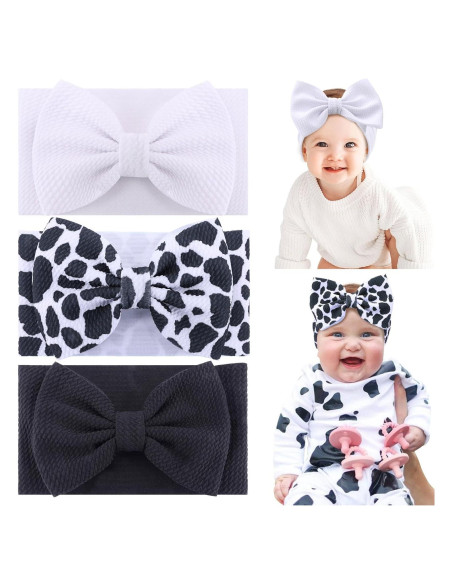 Diademas elásticas de nylon Subesty para bebés - Lazos de vaca, 3 piezas
