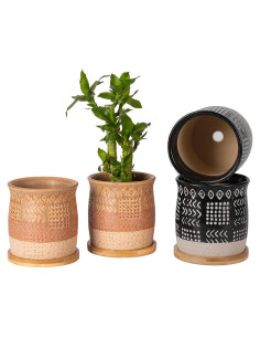 Macetas de Cerámica 10 cm FIVEAGE con Drenaje y Bandejas - 4 Piezas