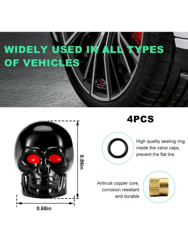 4 Tapas de Válvula de Neumático Gasedin Estilo Calavera Negro