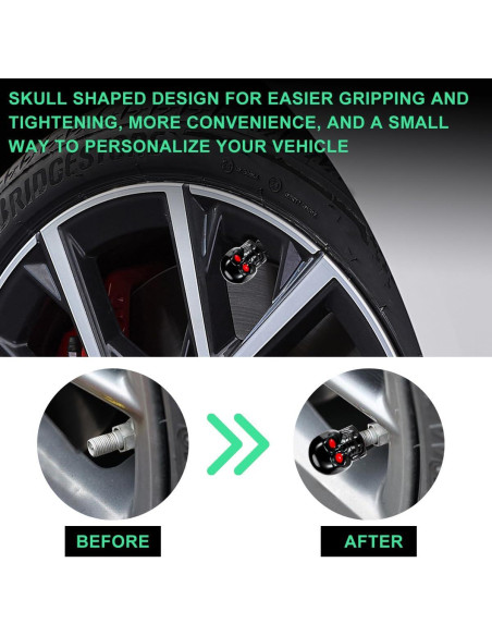 4 Tapas de Válvula de Neumático Gasedin Estilo Calavera Negro