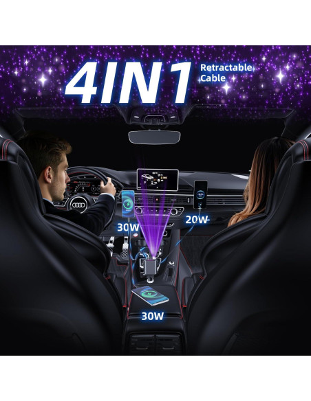 Cargador de Coche Retráctil 4 en 1 USB-C 120W con Luz Estrella
