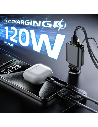 Cargador de Coche Retráctil 4 en 1 USB-C 120W con Luz Estrella