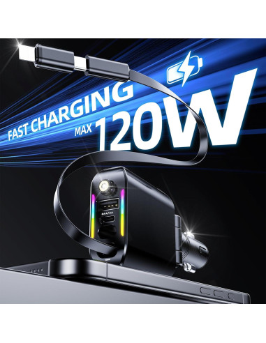 Cargador de Coche Retráctil 4 en 1 USB-C 120W con Luz Estrella