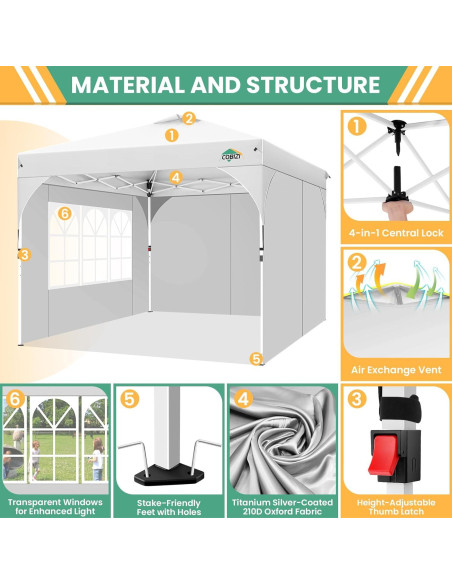 Carpa Plegable COBIZI 10x10 con 3 Paredes Laterales Blanca