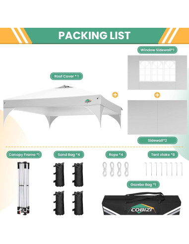 Carpa Plegable COBIZI 10x10 con 3 Paredes Laterales Blanca
