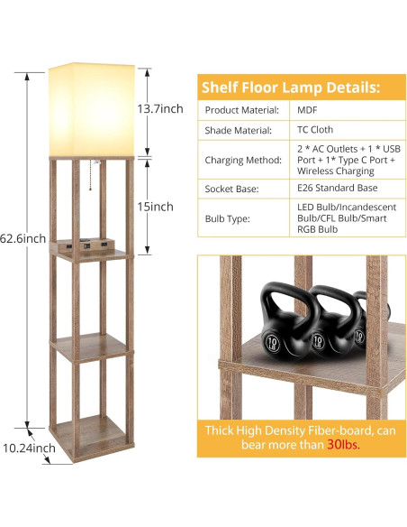 Lámpara de Pie Mlambert con Cargador Inalámbrico y USB