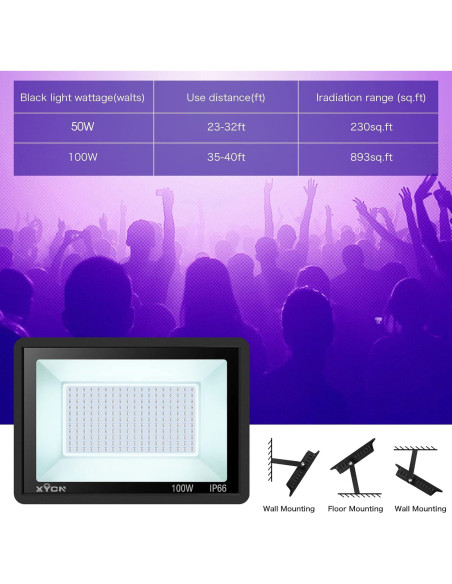 Paquete de 2 luces LED negras 100W IP66 XYCN para fiestas