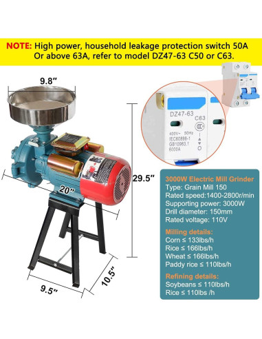 Molino de Grano Eléctrico LILYPELLE 3000W para Maíz y Cereales