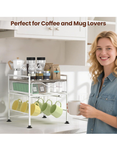Organizador de Café Kssiaz con Soporte para Tazas y Cajón