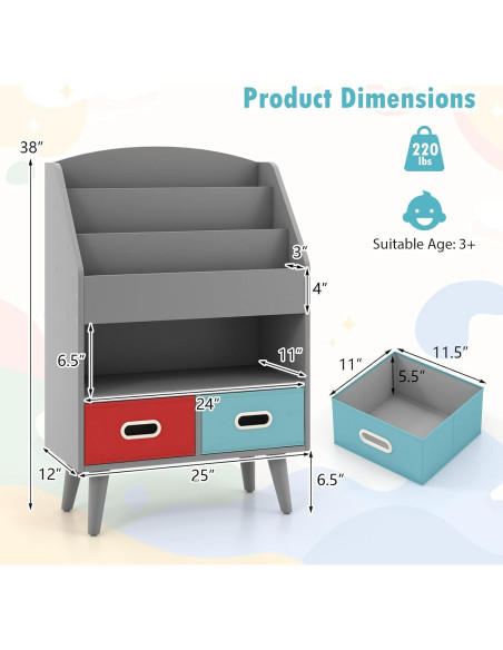 Estantería de Libros para Niños GLACER 3 Niveles con Cajones