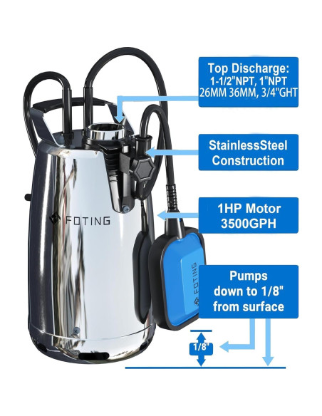 Bomba de Sumidero FOTING 1HP Acero Inoxidable Automática 3500GPH