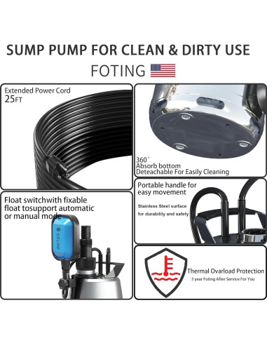 Bomba de Sumidero FOTING 1HP Acero Inoxidable Automática 3500GPH