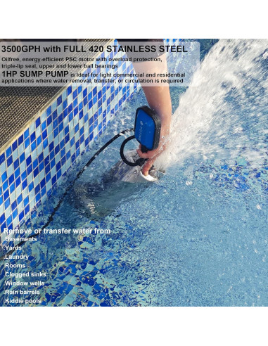 Bomba de Sumidero FOTING 1HP Acero Inoxidable Automática 3500GPH