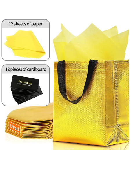Keerxun 12 Bolsas de Regalo Reutilizables Doradas 25.4x10.2x20.3cm