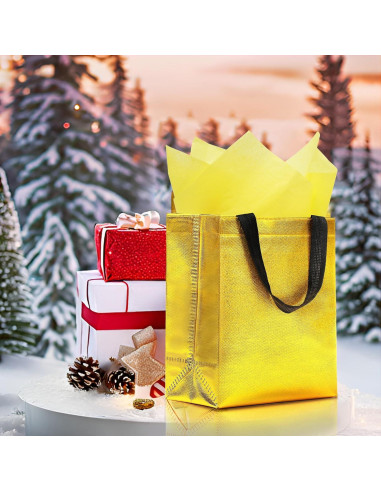 Keerxun 12 Bolsas de Regalo Reutilizables Doradas 25.4x10.2x20.3cm